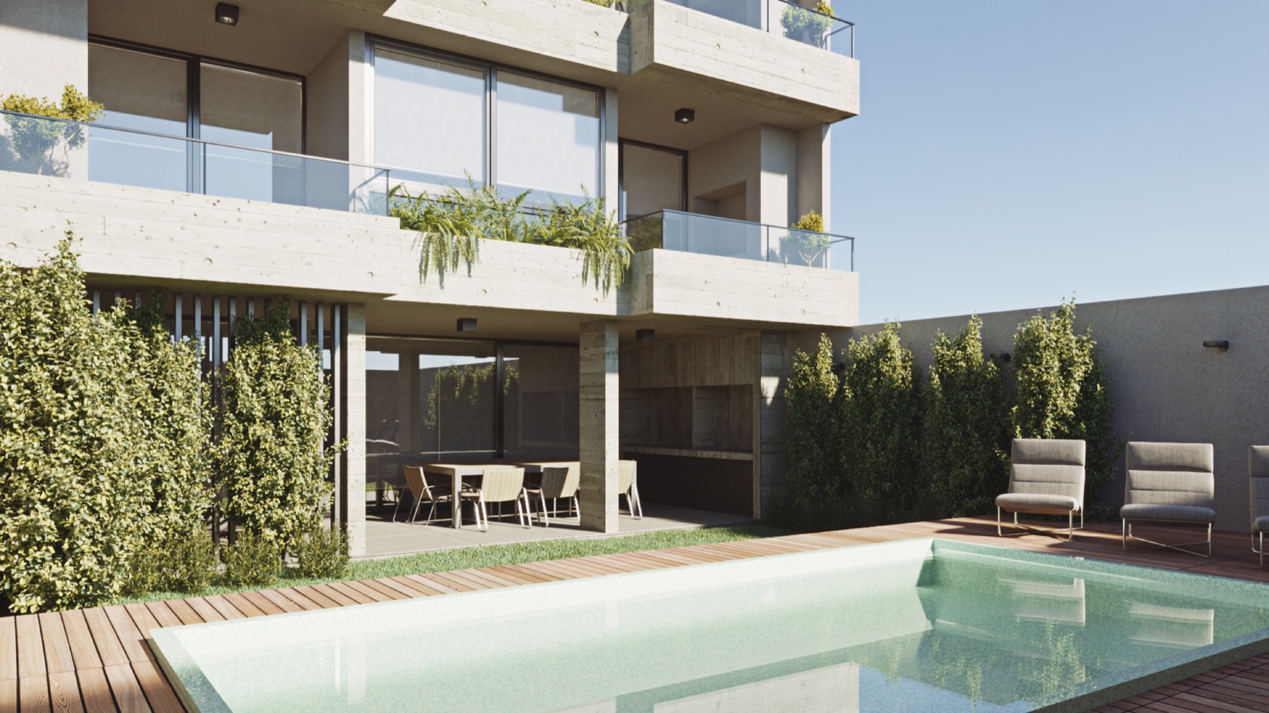 Contrafrente con piscina y balcones de Beton Garden