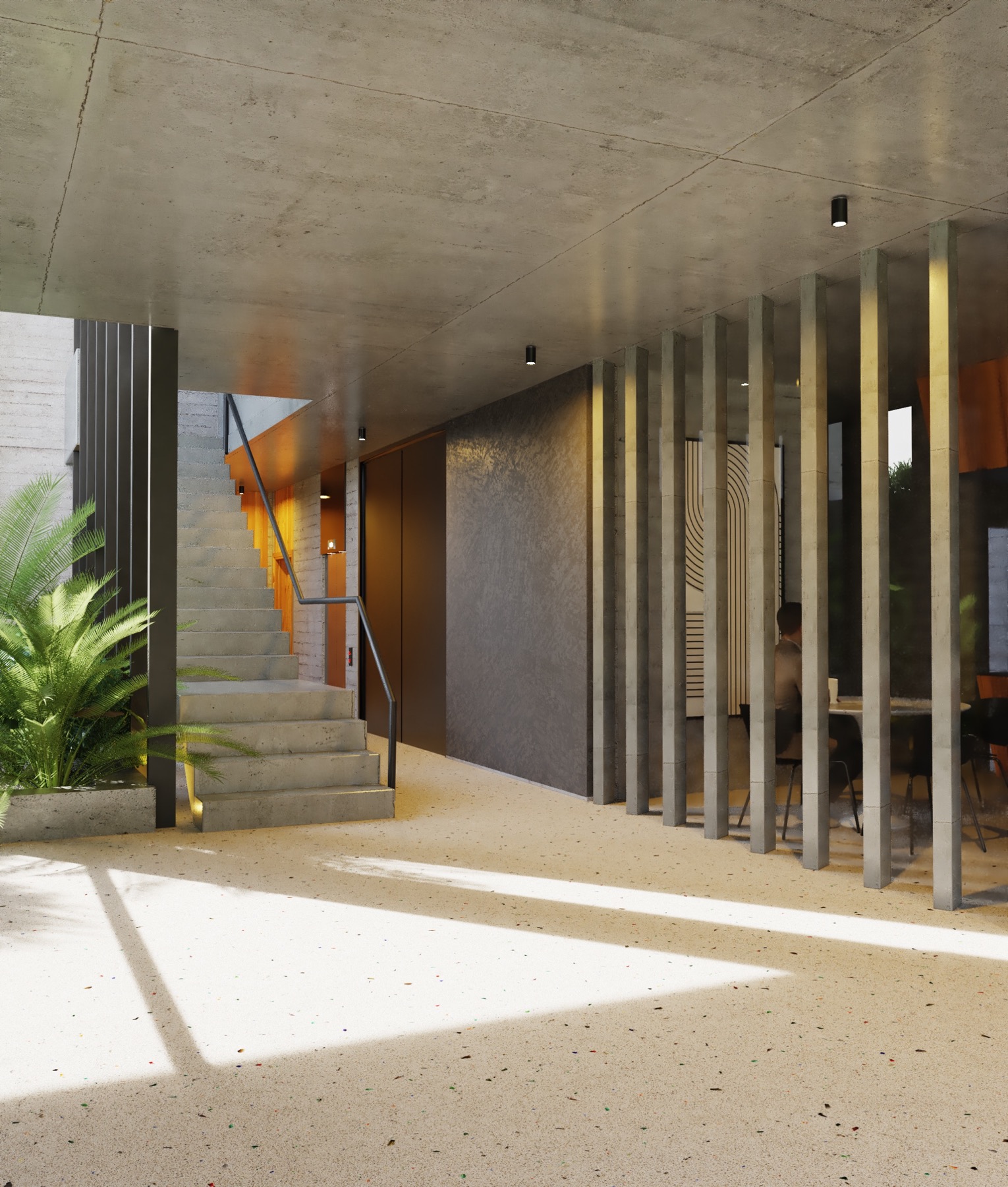 Hall de Beton R con iluminación cálida